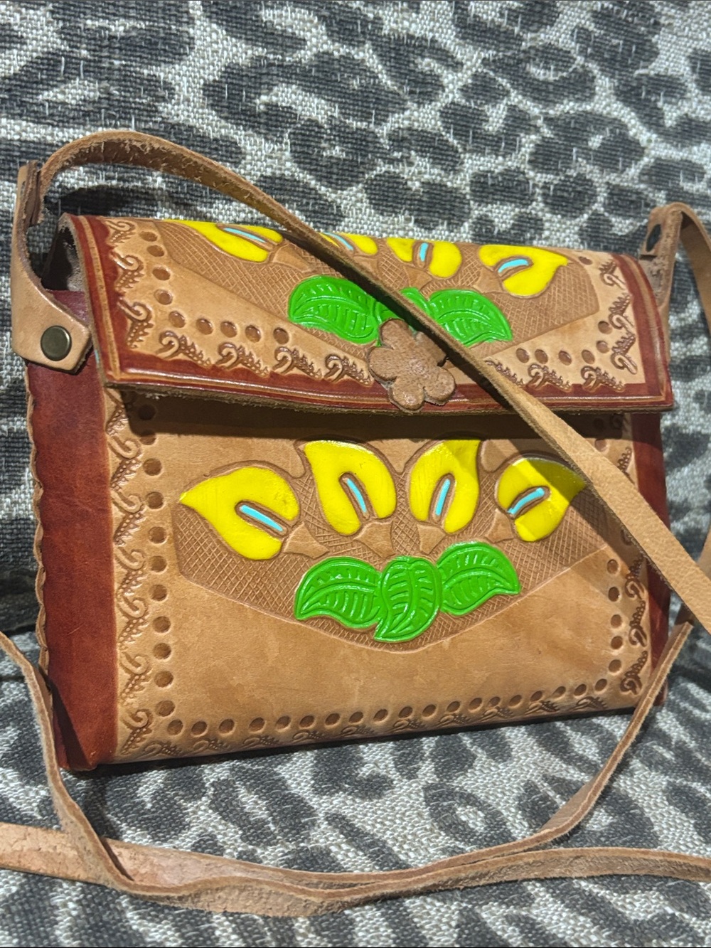 Tooled leather crossbody sunflower detail small square handmade leather purse